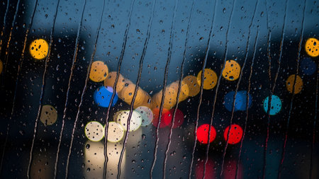Colorful bokeh lights of a city at night viewed through a wet window pane with prominent...