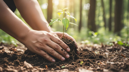 Hands gently plant a small green seedling with visible roots into dark, rich soil outdoors.