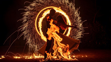 Silhouetted couple dancing within a ring of fire and sparks against a dark night background.