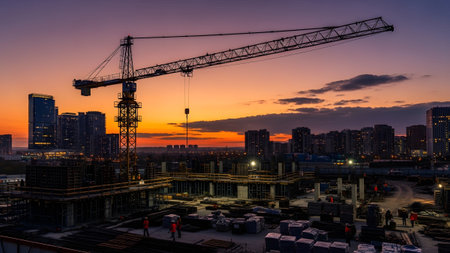 Skyline showing construction site with crane and city skyline at dusk with colorful sky.の写真素材