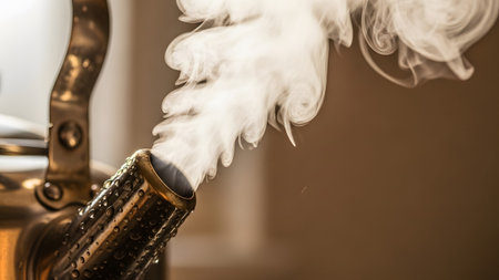 A metallic kettle spout covered in water droplets releases a swirling cloud of white steam into...