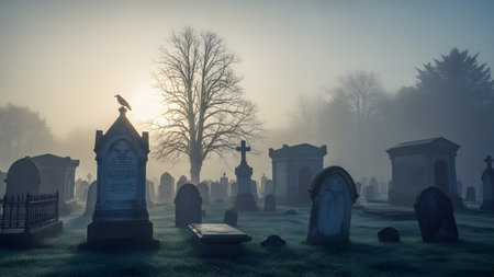 (295) showing crow on a tombstone in a misty graveyard with a large bare tree and mausoleums....
