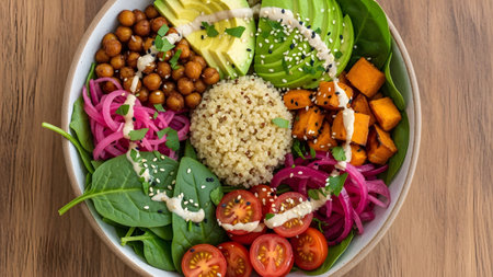 A white bowl filled with a healthy and colorful mix of avocado, chickpeas, quinoa, pickled red...
