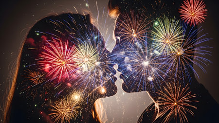 Silhouetted couple kissing with a vibrant display of colorful fireworks exploding around them in...の写真素材