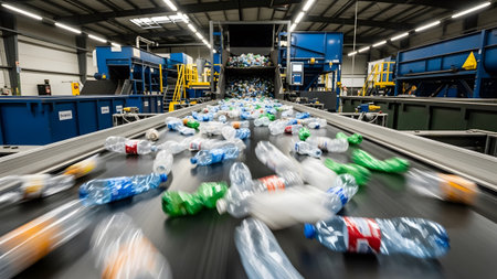 A long conveyor belt carries many plastic bottles through a busy industrial recycling facility.