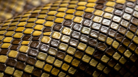 Repeating showing detailed macro view of snake skin scales with a repeating pattern of yellow...の写真素材