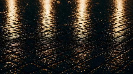 Cobblestone showing dark wet cobblestone pavement reflecting warm golden light streaks at night...の写真素材