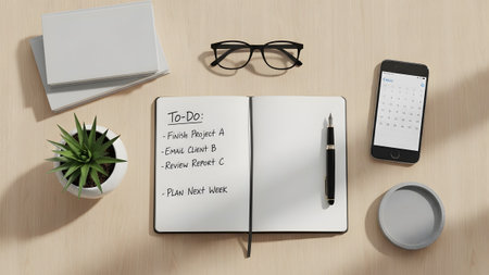 Notebook showing desk with to-do list open notebook smartphone calendar and succulent plant.