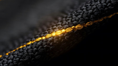 A dark, textured fabric is dramatically highlighted by a bright golden thread, creating a...の写真素材