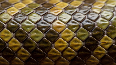 Repeating showing detailed macro texture of green and yellow snake scales with a repeating...