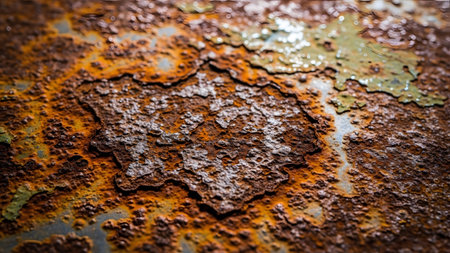 Droplets showing detailed close up of rusted metal surface with peeling paint and water...の写真素材