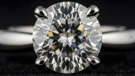 Round showing detailed macro of a sparkling round diamond engagement ring on black surface.の写真素材