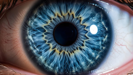 Pupil showing detailed macro of a blue human iris with intricate patterns and a dark pupil.