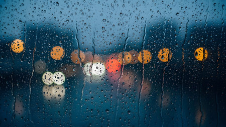 Window showing detailed view of raindrops on a window with vibrant blurred city lights in the...の写真素材