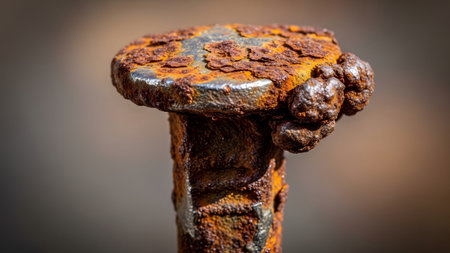 A very rusty metal nail a textured head and a rough, corroded shaft with detailed surface...