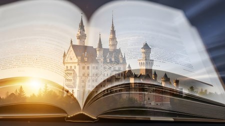 A double exposure blends an open book with a European castle and a golden sunset over a forest.の写真素材