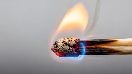 Porous showing detailed view of a burning match head with a porous texture and bright orange and...