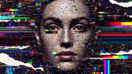 A woman's face is fragmented by colorful digital glitch effects and pixelated squares creating a...