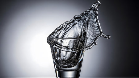Water showing dramatic water splash captured mid-action above a clear glass on a dark reflective...