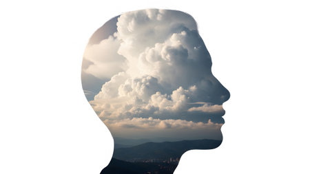 (1334) showing double exposure silhouette of a head filled with clouds and a mountain landscape....