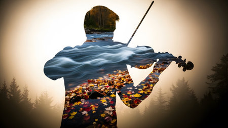 Violin showing double exposure silhouette of a violinist playing with a flowing river and autumn...の写真素材