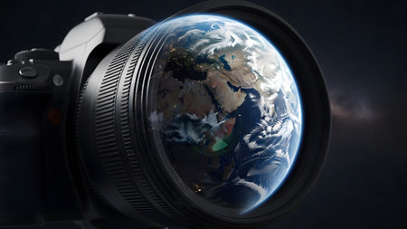 Space showing dslr camera lens reflecting the planet earth with continents visible and night...