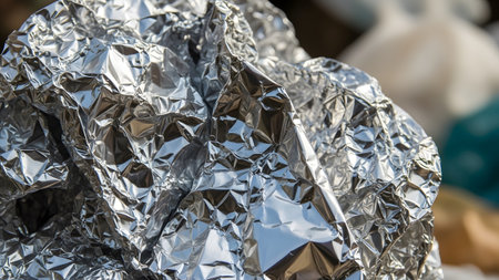 (4737) showing detailed macro view of a crinkled shiny metallic aluminum foil ball with bright...