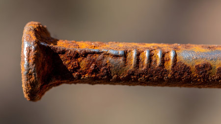 An extreme close-up of a rusty metal nail reveals its textured shaft with distinct grooves and...の写真素材