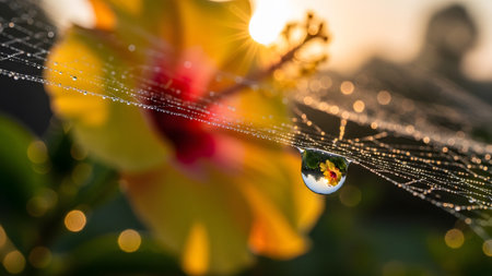 Hibiscus showing dewdrop on spiderweb reflecting a yellow hibiscus flower and sunlight.