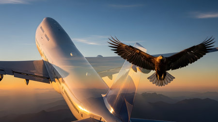 A composite a large airplane and a soaring eagle superimposed over a mountain landscape at sunset.