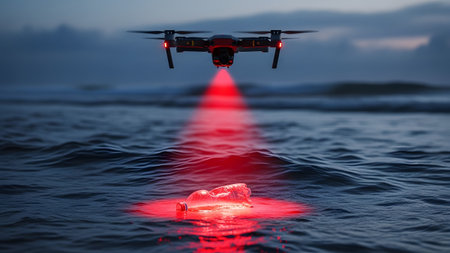 Floating showing drone illuminates plastic bottle floating in dark ocean waves with red light...の写真素材