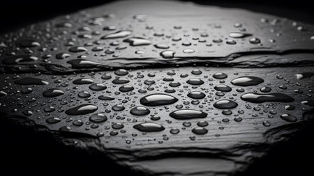 A dark, textured slate surface is covered with a dense scattering of water droplets of varying...の写真素材