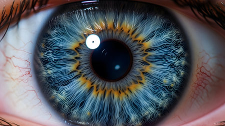 Stock showing extreme macro view of a blue and yellow human iris with visible vessels and...の写真素材