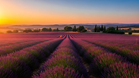 Rows of vibrant purple lavender stretch towards a warm orange sunrise over rolling French...