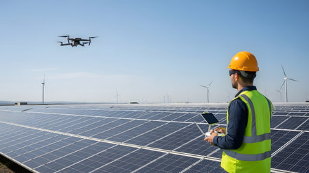 Wind showing engineer operating drone over solar panels and wind turbines in a renewable energy...
