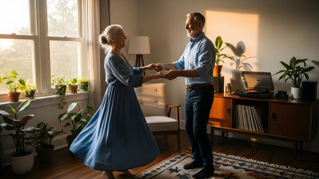 Record showing elderly couple holding hands and dancing in a sunlit room with plants and record...