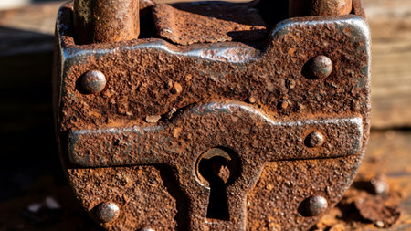Extreme close up of a very rusty padlock with a keyhole and visible metal texture details.