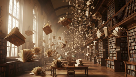 Library showing enchanted library with numerous books levitating and flying in a sunlit hall....の写真素材