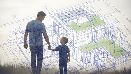 House showing father and son holding hands looking at a green roof house blueprint.の写真素材