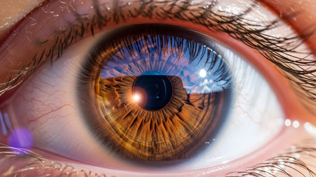 Macro view of a human brown iris with a bright sky and sun reflection in the pupil, detailed...