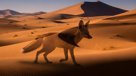 Desert showing fennec fox walking through desert sand dunes at sunset.