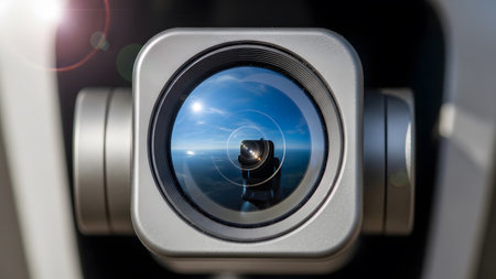 Camera showing extreme close-up of a drone camera lens reflecting a bright sunlit sky over the...