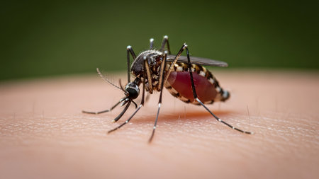 Detailed macro view of a mosquito with a red abdomen on skin, set against a soft green bokeh...の写真素材
