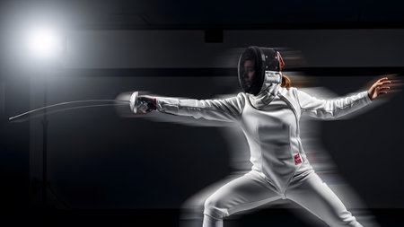 Uniform showing female fencer in white uniform and mask lunging with sword in motion blur...
