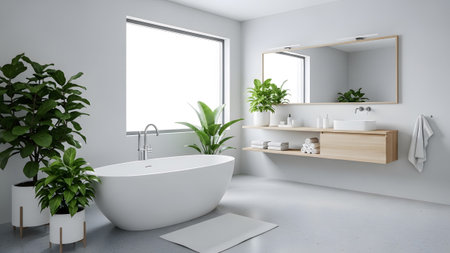 Window showing freestanding white bathtub with large window and green potted plants in modern...