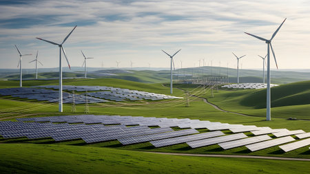 Covered showing expansive green rolling hills covered with numerous solar panels and wind...