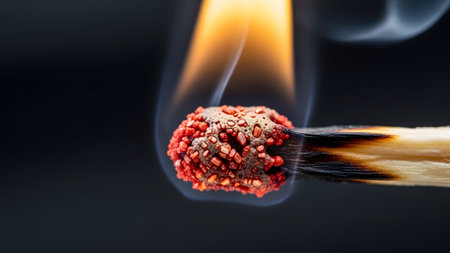 (2932) showing extreme close-up of a burning match head with red tip and orange flame.