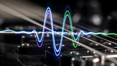 Sound showing electric guitar strings with glowing neon sound wave visualization.