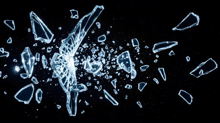 Scattering showing exploding clear glass fragments scattering dynamically against a deep black...の写真素材