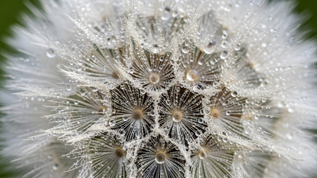 Intricate dandelion seed head with numerous clear water droplets clinging to its delicate white...